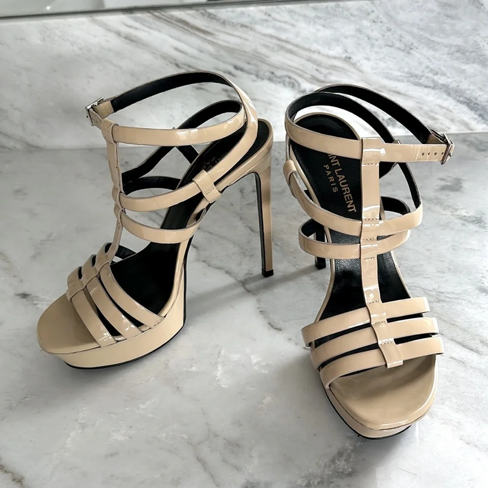 Saint Laurent T-strap Multi Strap  Patent Cream Sandals Size 8 - Picture 3 of 8